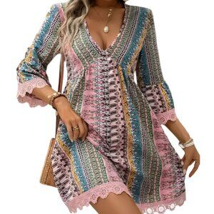 Striped Print Lace Trim Dress